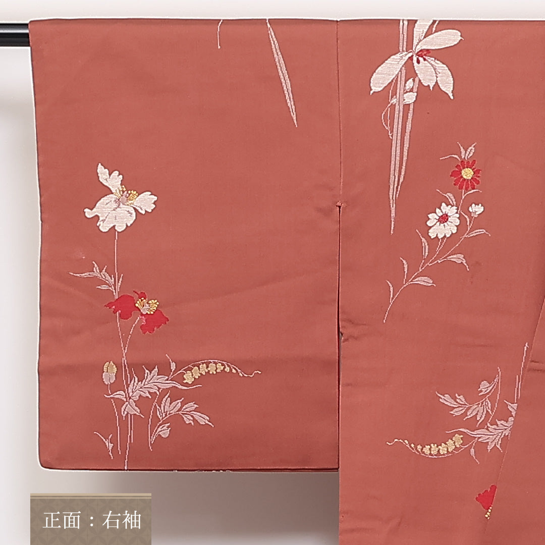 アンティーク 袷 身丈145cm 裄63cm 正絹 お召 草花 茶系 Cランク 1216-01356