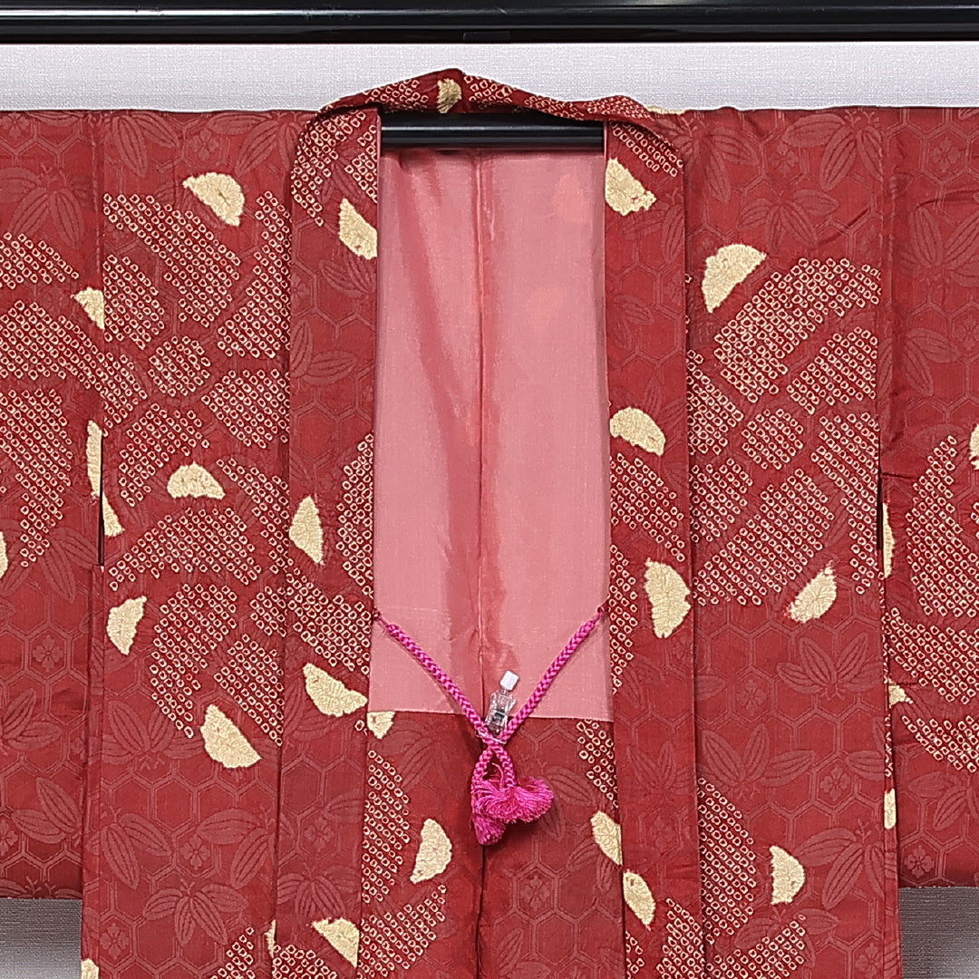 アンティーク 羽織 袷 身丈98cm 裄丈61cm 正絹 Cランク 紋意匠 (吉祥文様) Sサイズ 絞り 紐あり 花柄 赤系 PO 1232-10243