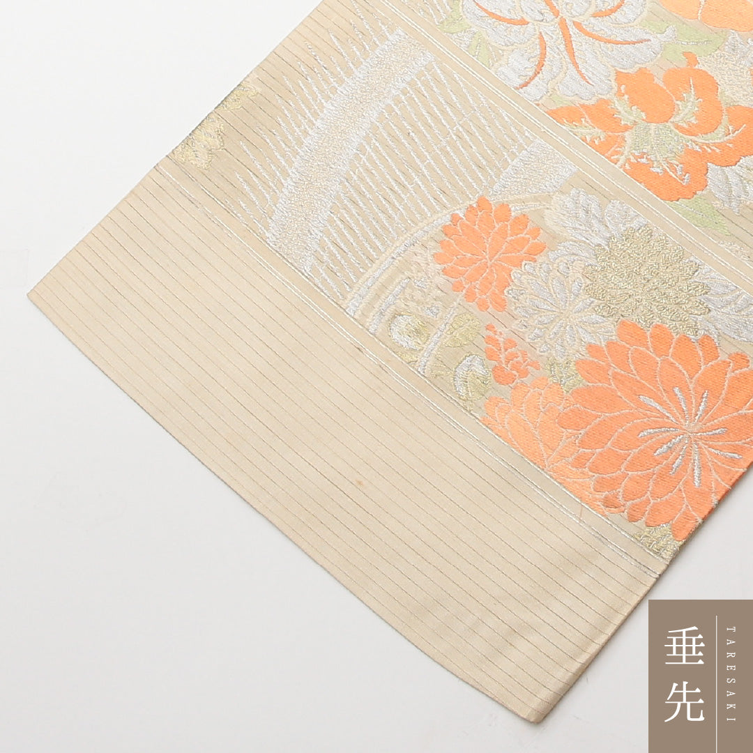 アンティーク 夏物 丸帯 帯丈412cm 正絹 六通 帯端のみ未仕立て 帯芯なし 朝顔 クリーム系 1242-01482