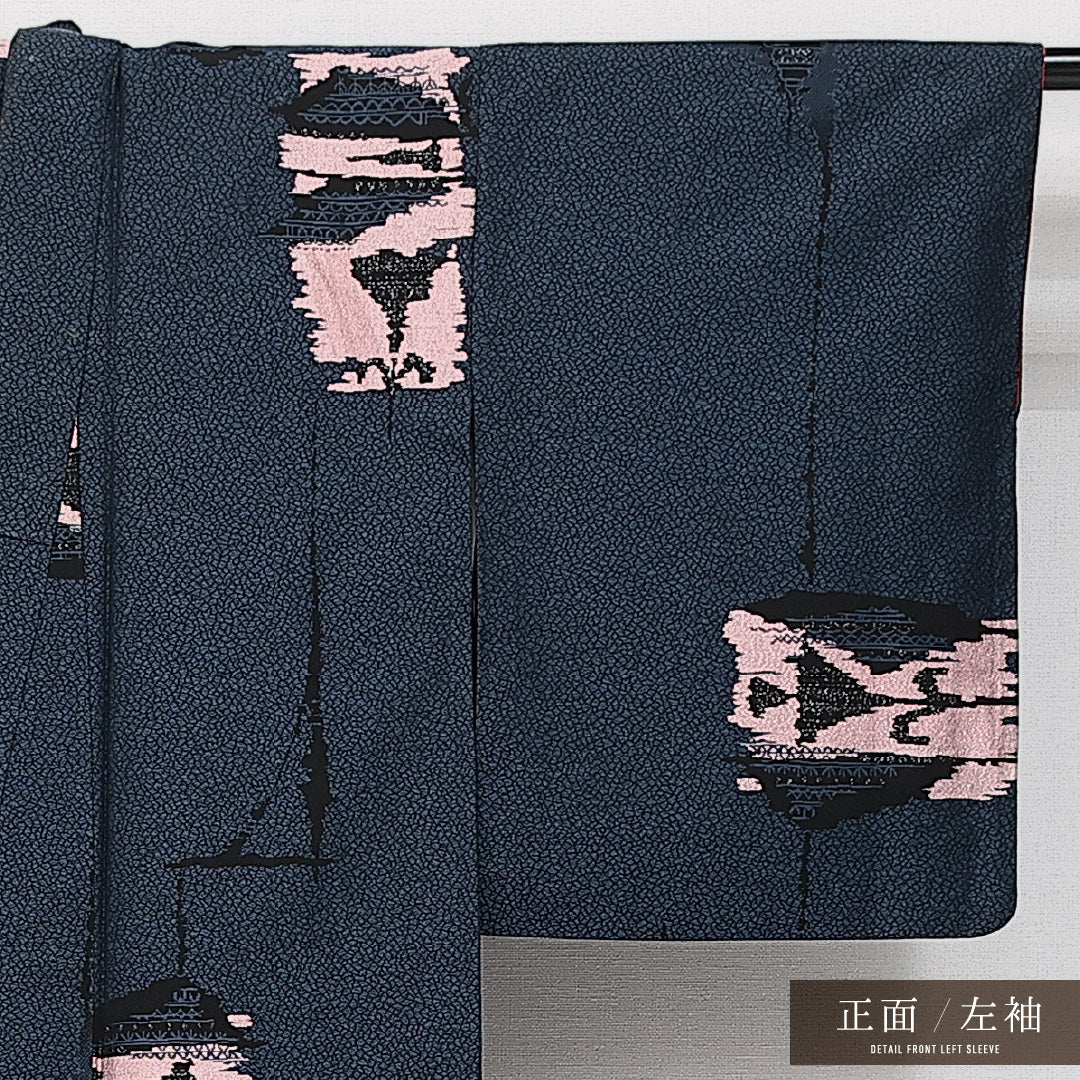 アンティーク お召 袷 身丈151cm 裄丈63cm 正絹 Bランク バチ衿 Sサイズ 漆糸 紺系 RP 1222-14425