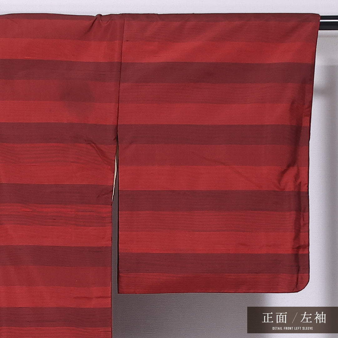 紬 袷 身丈160cm 裄丈66cm 正絹 Cランク カジュアル 広衿 Lサイズ 縞 赤系 HP 1223-11842
