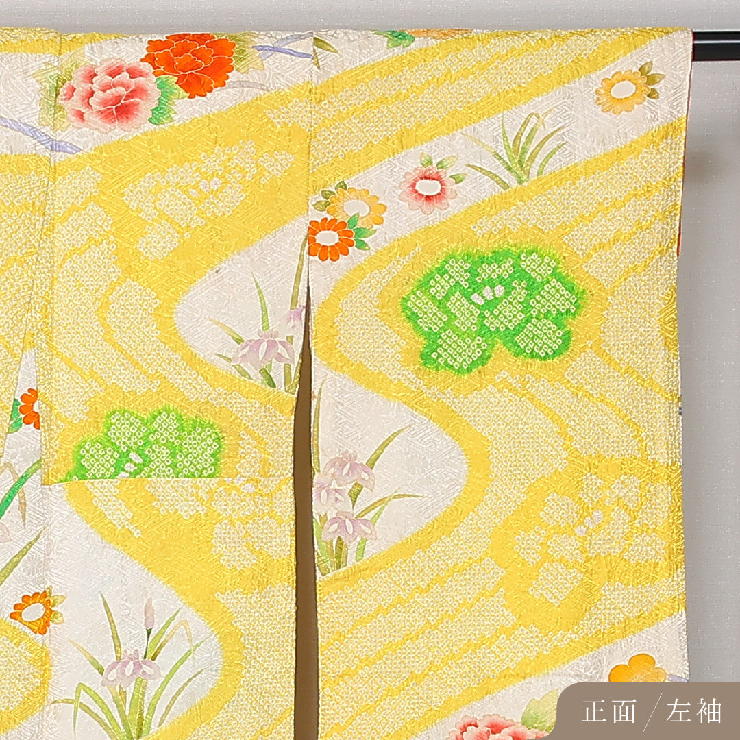 振袖 身丈150cm 裄丈61cm Cランク 袷 正絹 M 広衿 絞り 流水 吉祥文様 古典柄 牡丹 梅 花柄 菖蒲 黄系 1213-F0434