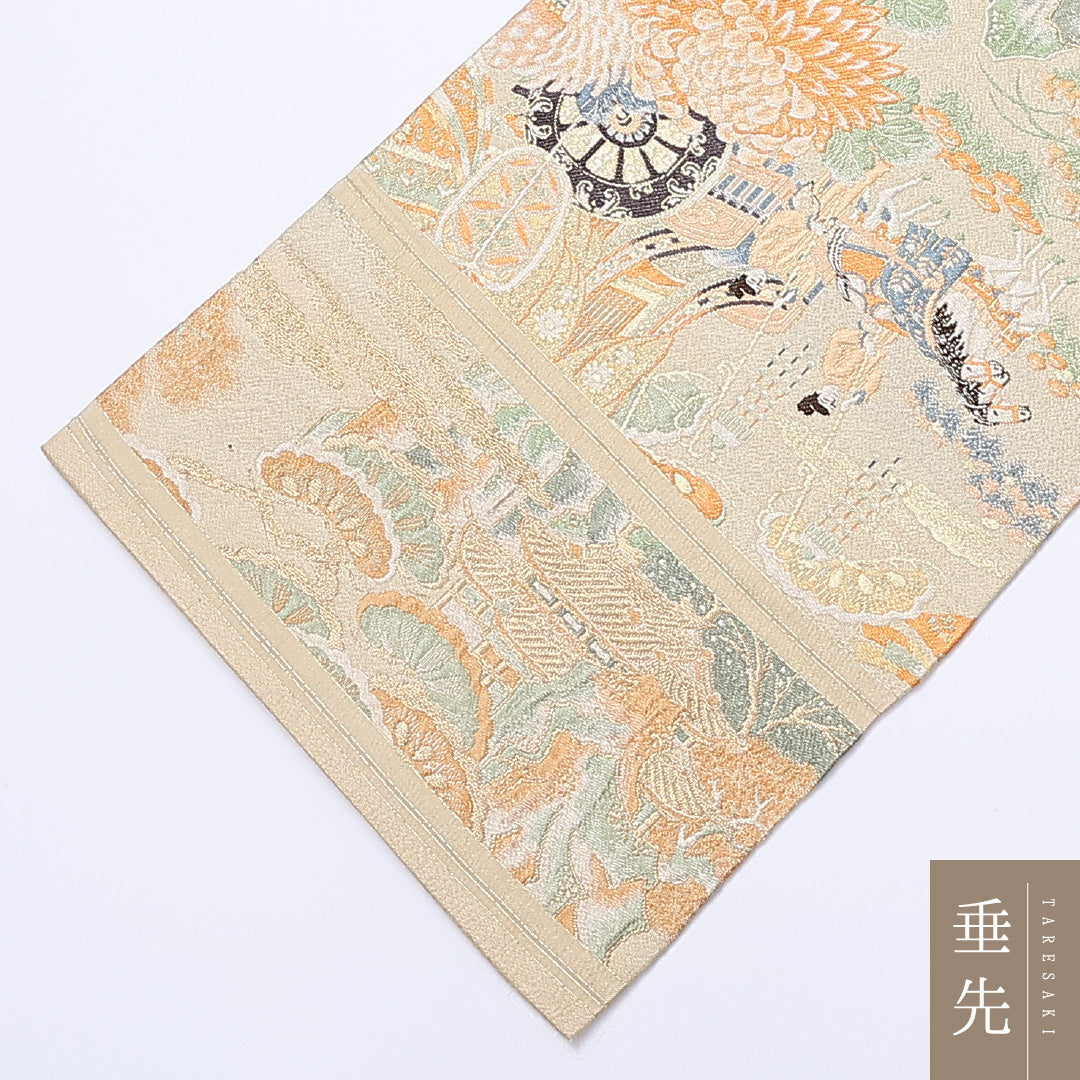 アンティーク 丸帯 帯丈408cm 正絹 全通 ふくれ織 御所車 平安絵巻 クリーム系 1242-00917