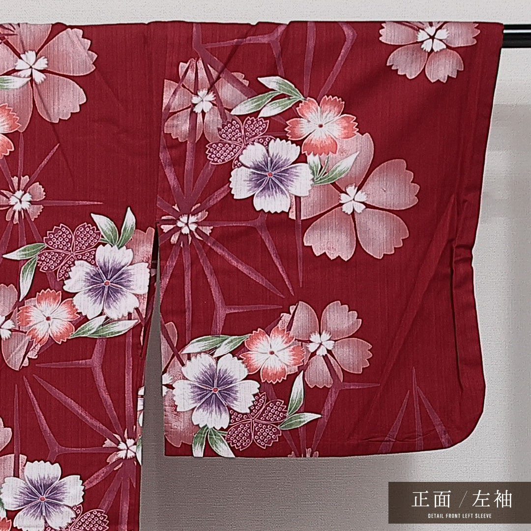 浴衣 夏物 洗える着物 身丈158cm 裄丈65cm Sランク 木綿 バチ衿 Mサイズ カジュアル 花柄 シック 華やか 赤系 1218-14283