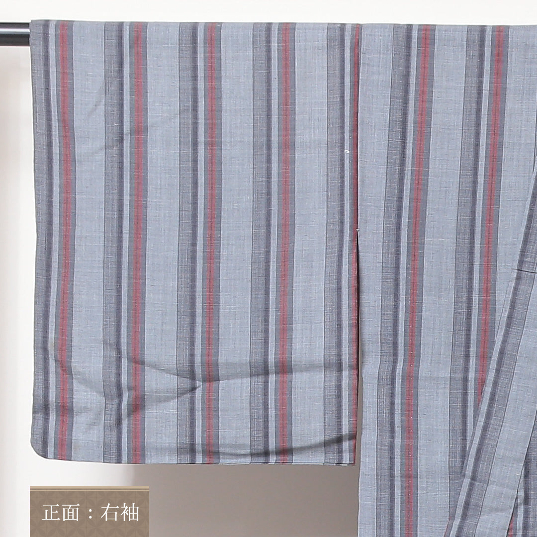 夏物 紬 夏紬 身丈159cm 裄丈64cm 正絹 Bランク カジュアル バチ衿 Mサイズ 居敷当て 肩当て 縞 グレー系 RP 1223-03502