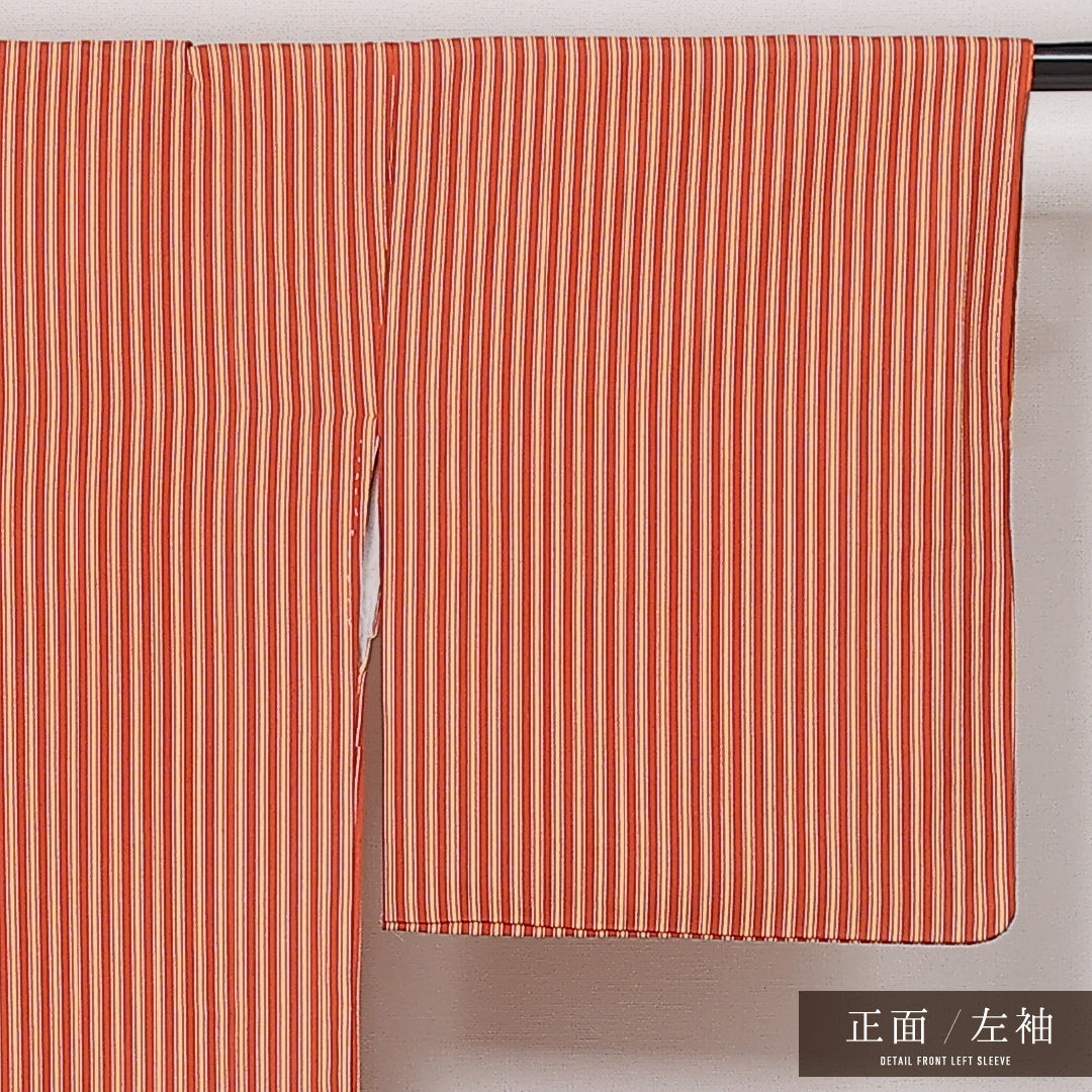 洗える着物 小紋 袷 身丈159cm 裄丈62cm ポリエステル Aランク インフォーマル 広衿 Mサイズ 縞 朱系 HP 1221-13566
