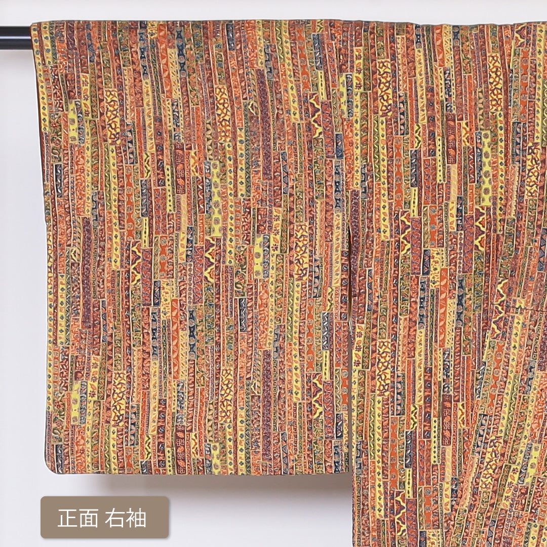 小紋 袷 身丈161cm 裄丈64cm 正絹 Aランク インフォーマル 広衿 Lサイズ 創作柄 黄系 HP 1221-01848