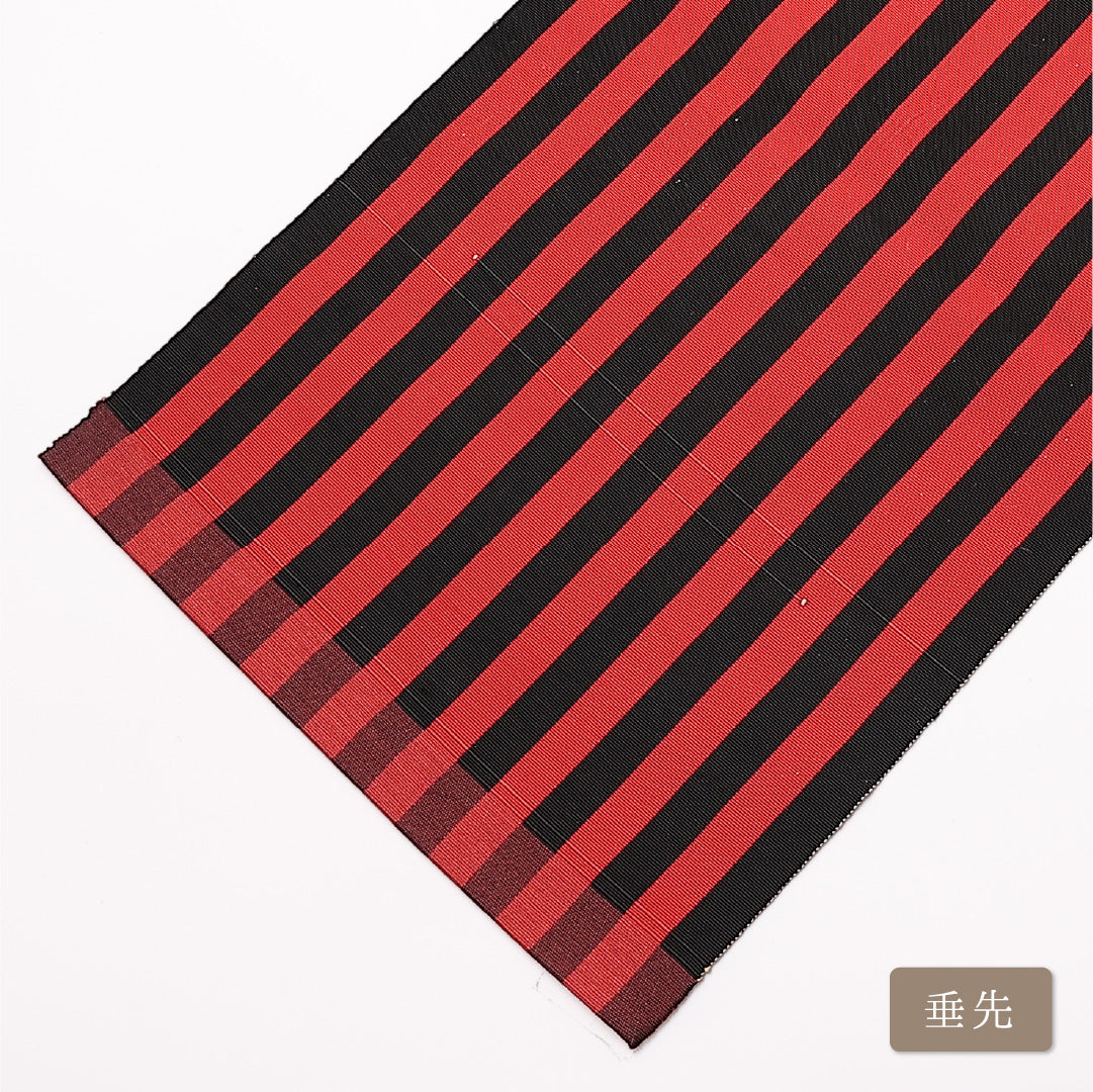 名古屋帯 帯丈388cm 全通 開き仕立て Cランク カジュアル 縞 モダン 黒系 正絹 赤系 1224-01174