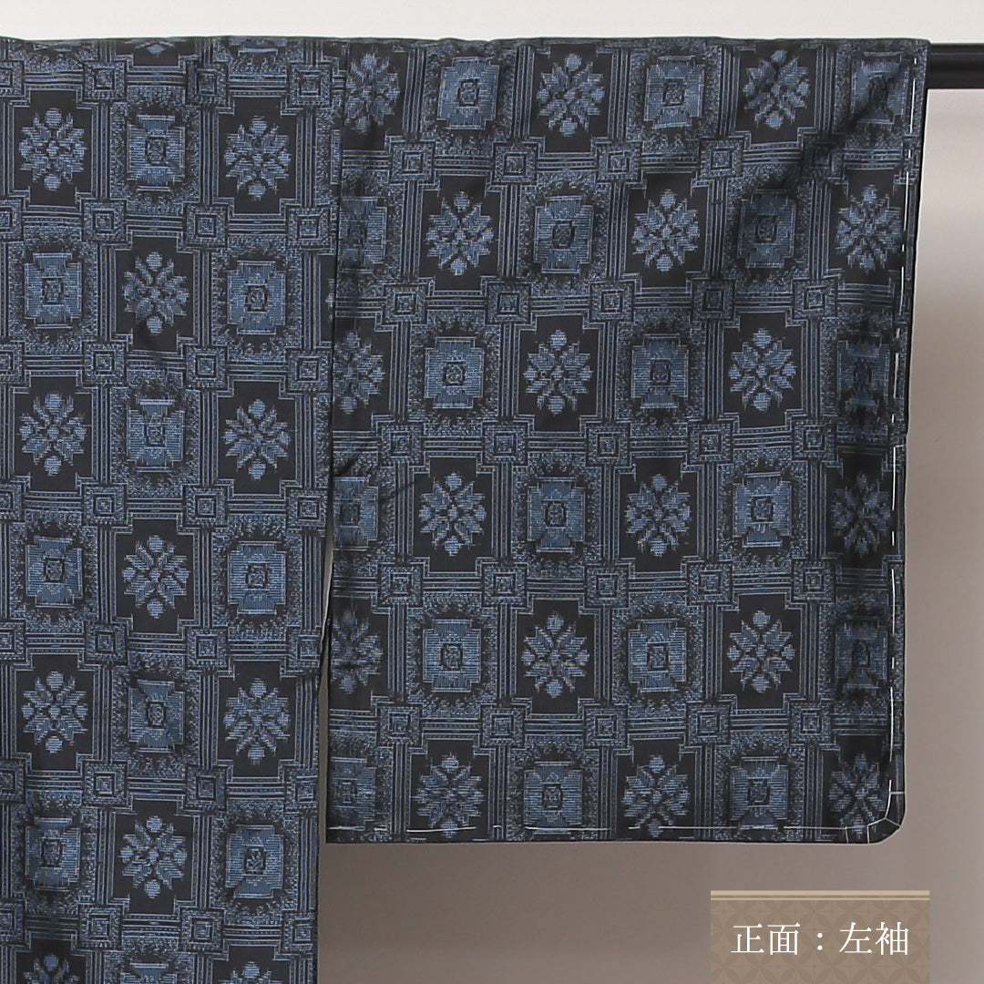 紬(村山大島紬) アンサンブル 袷 身丈162cm 裄丈62cm 正絹 Sランク Lサイズ 広衿 インフォーマル 創作柄 証紙 しつけ糸 紺系 1216-03529