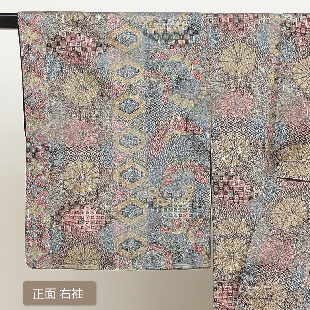 小紋 袷 身丈147cm 裄丈62cm 正絹 Sランク インフォーマル 広衿 XSサイズ 花鳥文 吉祥文様 青系 RP 1221-00967
