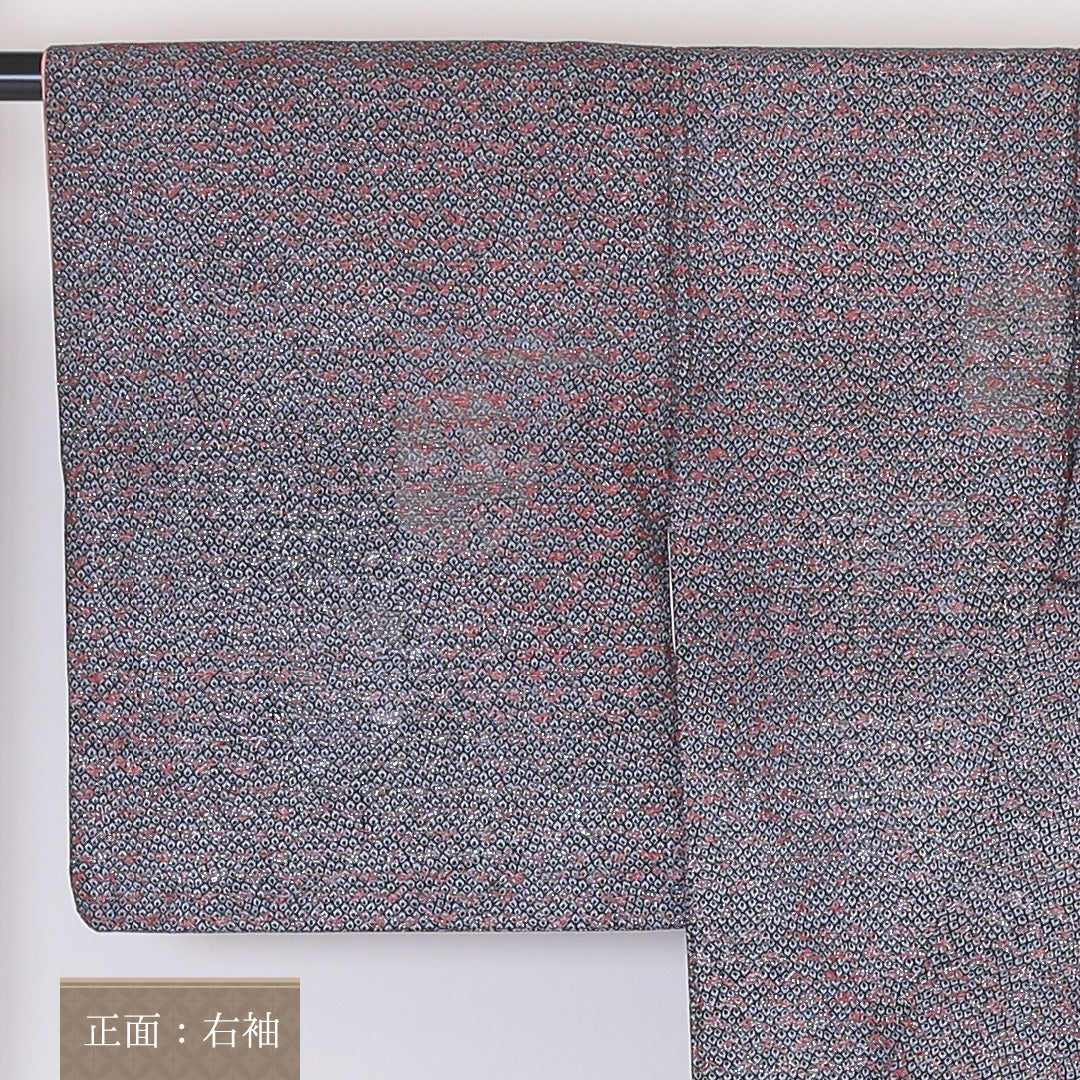 小紋 袷 身丈146cm 裄丈63cm 正絹 Sランク XSサイズ 広衿 インフォーマル 織り出し 笹 黒系 銀系 1215-02042