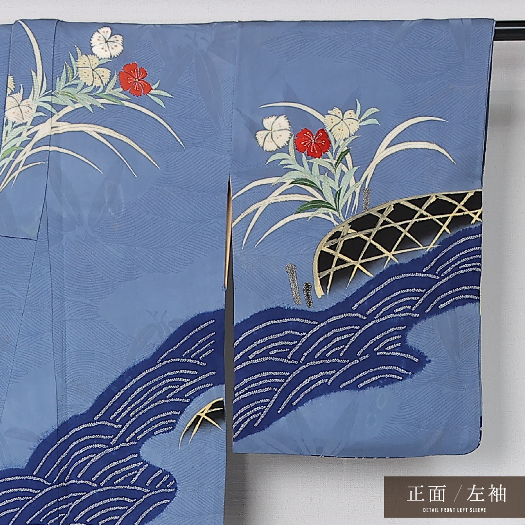 アンティーク 訪問着 袷 身丈152cm 裄丈64cm 正絹 Aランク 一つ紋 (橘) バチ衿 Sサイズ 金箔 刺繍 青海波 撫子 青系 M4 1217-12508