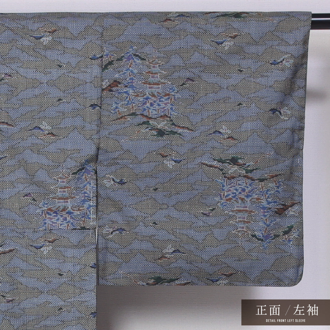 大島紬 袷 身丈143cm 裄丈62cm 正絹 Aランク インフォーマル 広衿 XSサイズ 経緯絣 寺院 グレー系 M4 1223-11533
