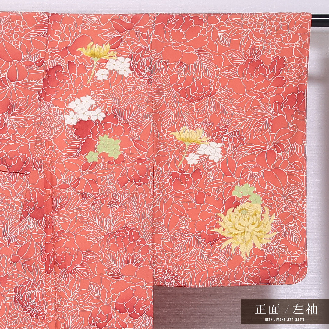 付下げ 袷 身丈155cm 裄丈62cm 正絹 Sランク インフォーマル 広衿 Mサイズ 紫陽花 朱系 RP 1218-11646