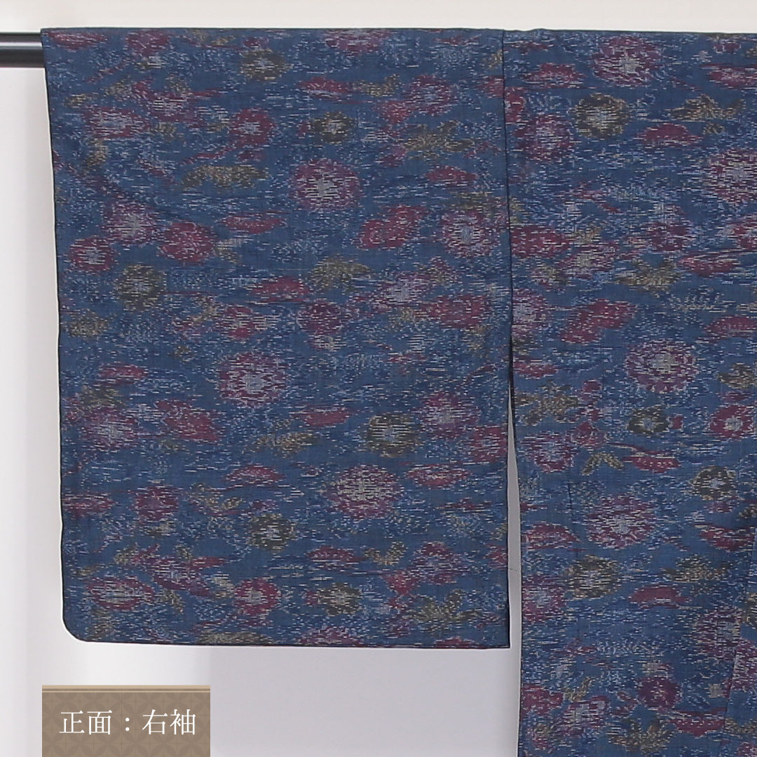 紬 単衣 身丈150cm 裄64cm ウール 洗える着物 ボタニカル 青系 Aランク 1216-00967
