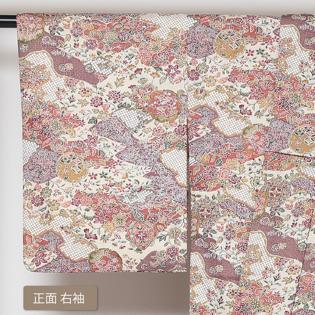 小紋 袷 身丈157cm 裄64cm クリーム系 古典柄 お正月 洗える着物 Sランク 1215-01493-2315