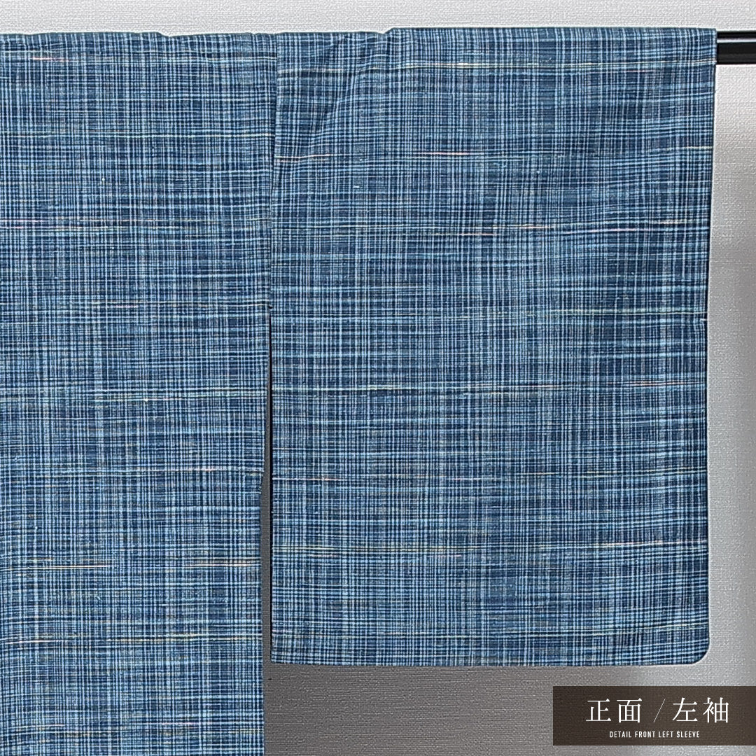 紬 単衣 身丈153cm 裄丈64cm 正絹 Aランク カジュアル 広衿 Sサイズ 格子 水色系 RP 1223-14728