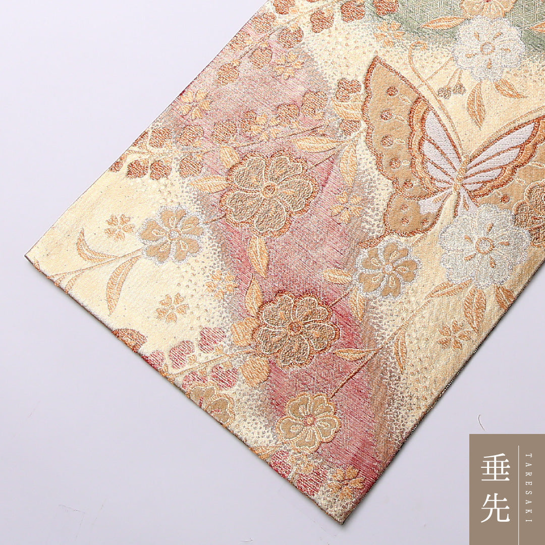 振袖用 袋帯 帯丈432cm 正絹 六通 リバーシブル 蝶 吉祥文様 金系 1243-01614