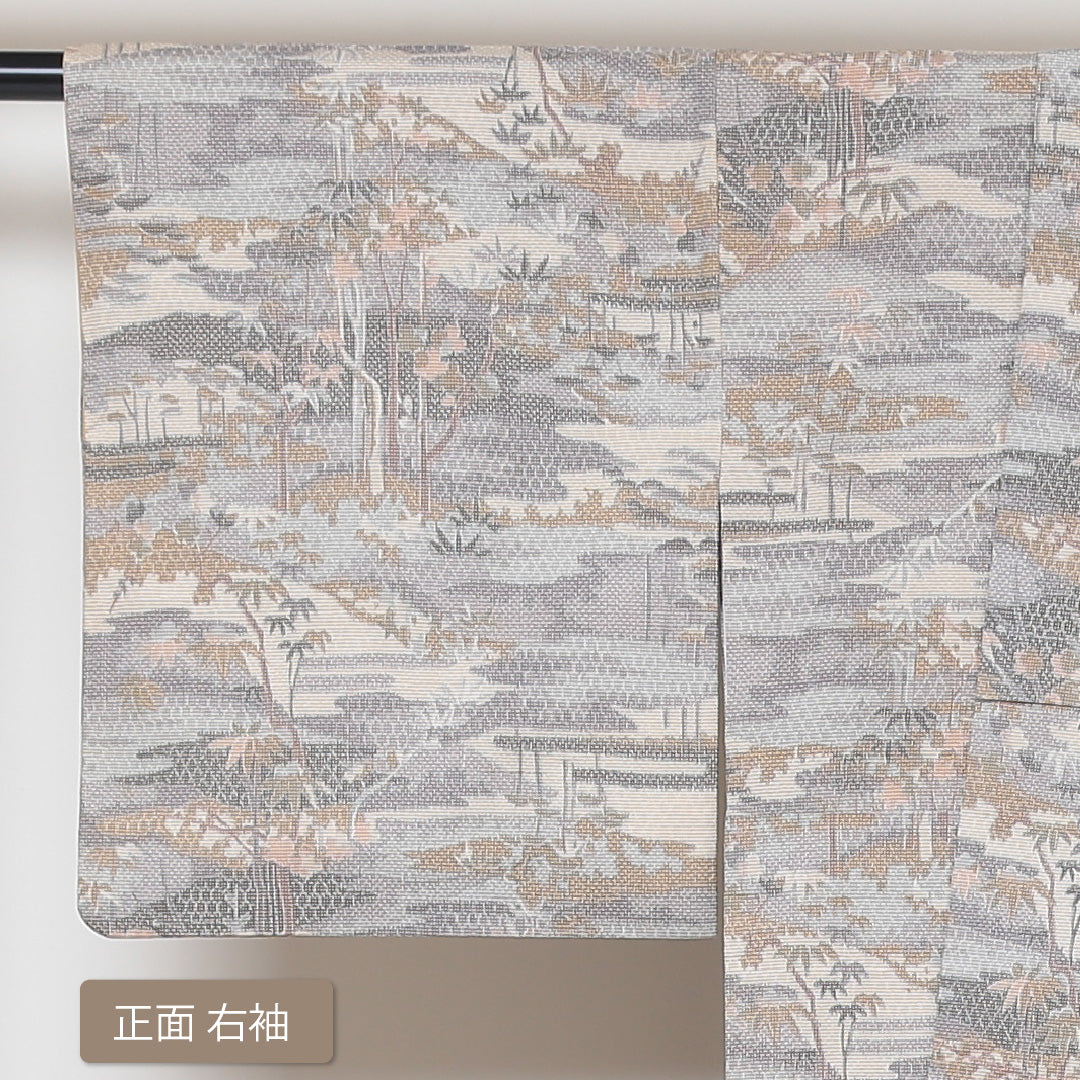 紬 袷 身丈163cm 裄丈63cm 正絹 Sランク カジュアル 広衿 Lサイズ 風景柄 クリーム系 RP 1223-02999
