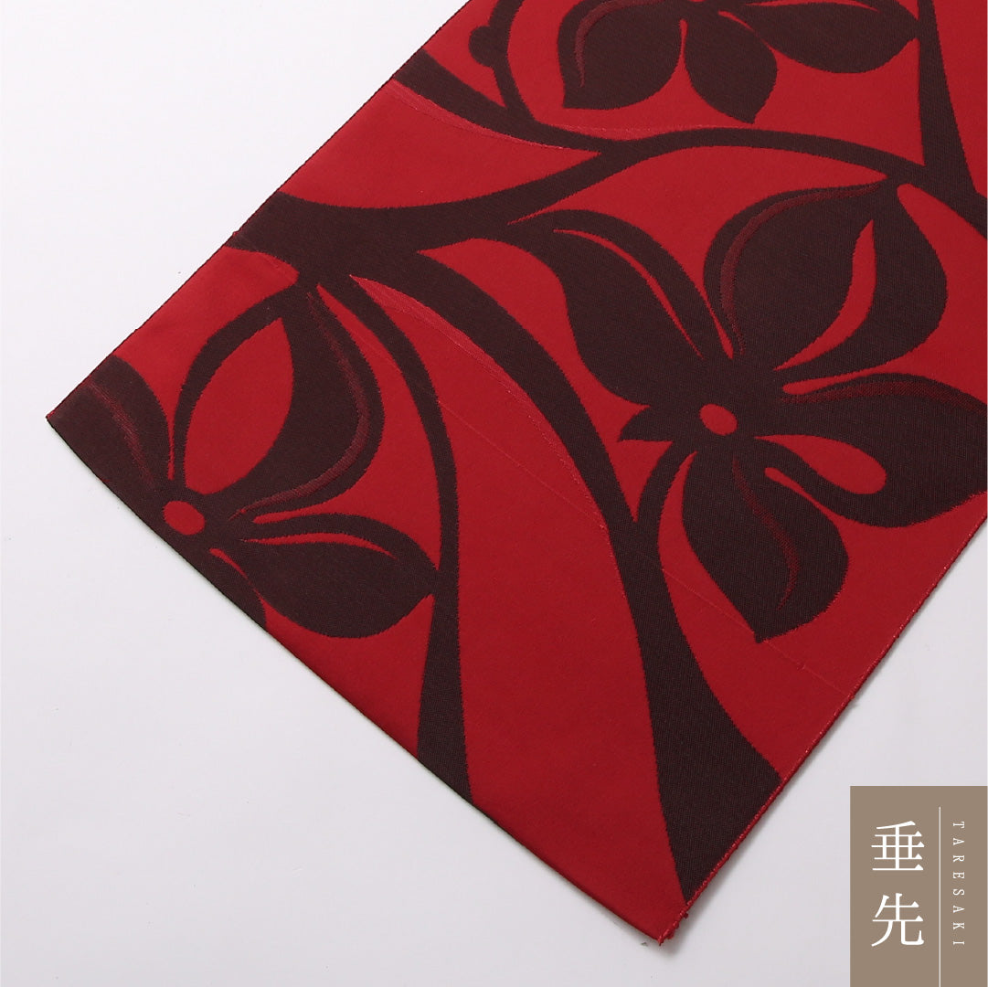 八寸名古屋帯 Sランク 帯丈372cm 正絹 六通 開き仕立て 染め カジュアル 塩瀬 花柄 赤系 LP 1245-02962