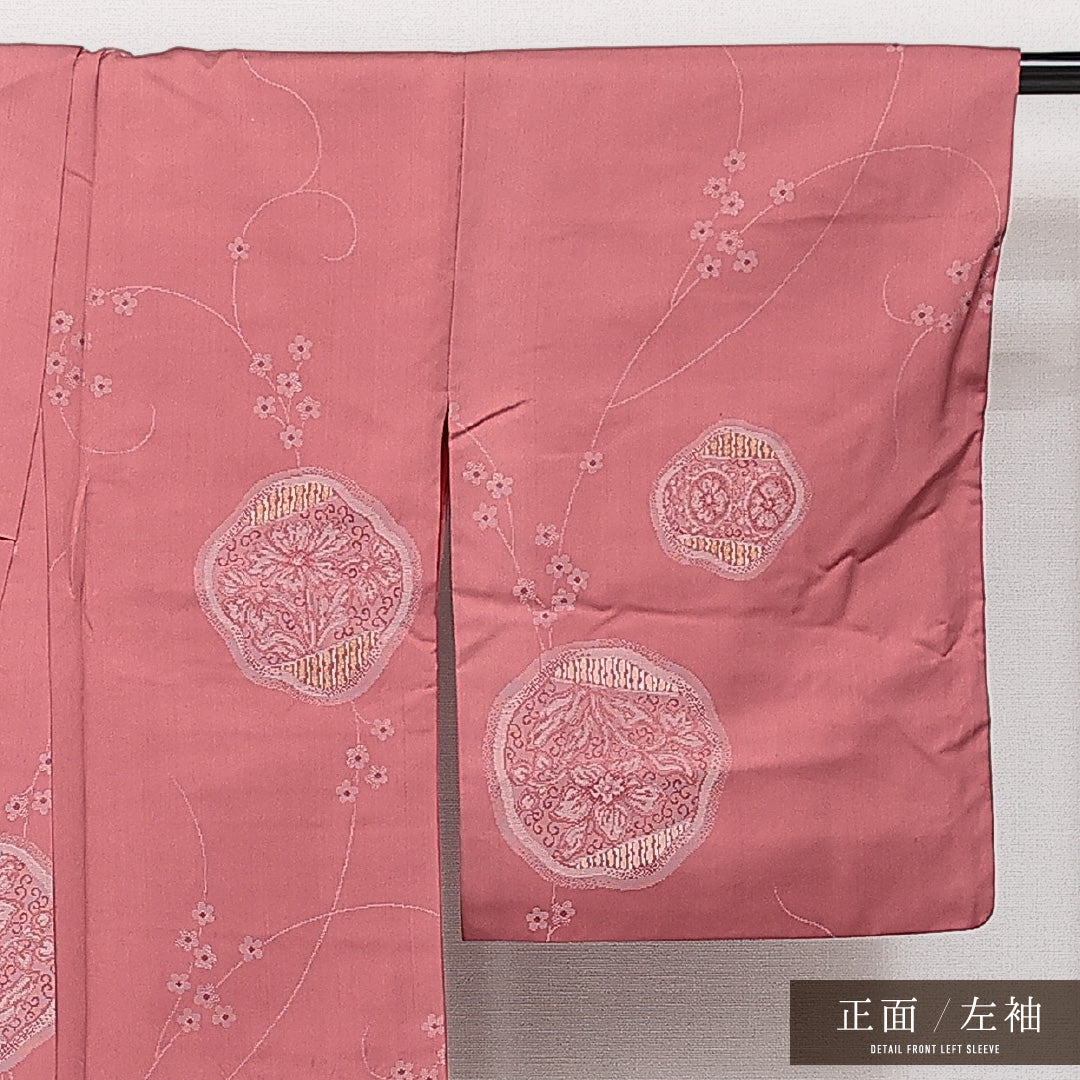 アンティーク お召 袷 身丈146cm 裄丈61cm 正絹 Aランク バチ衿 XSサイズ 花柄 ピンク系 RP 1222-14236