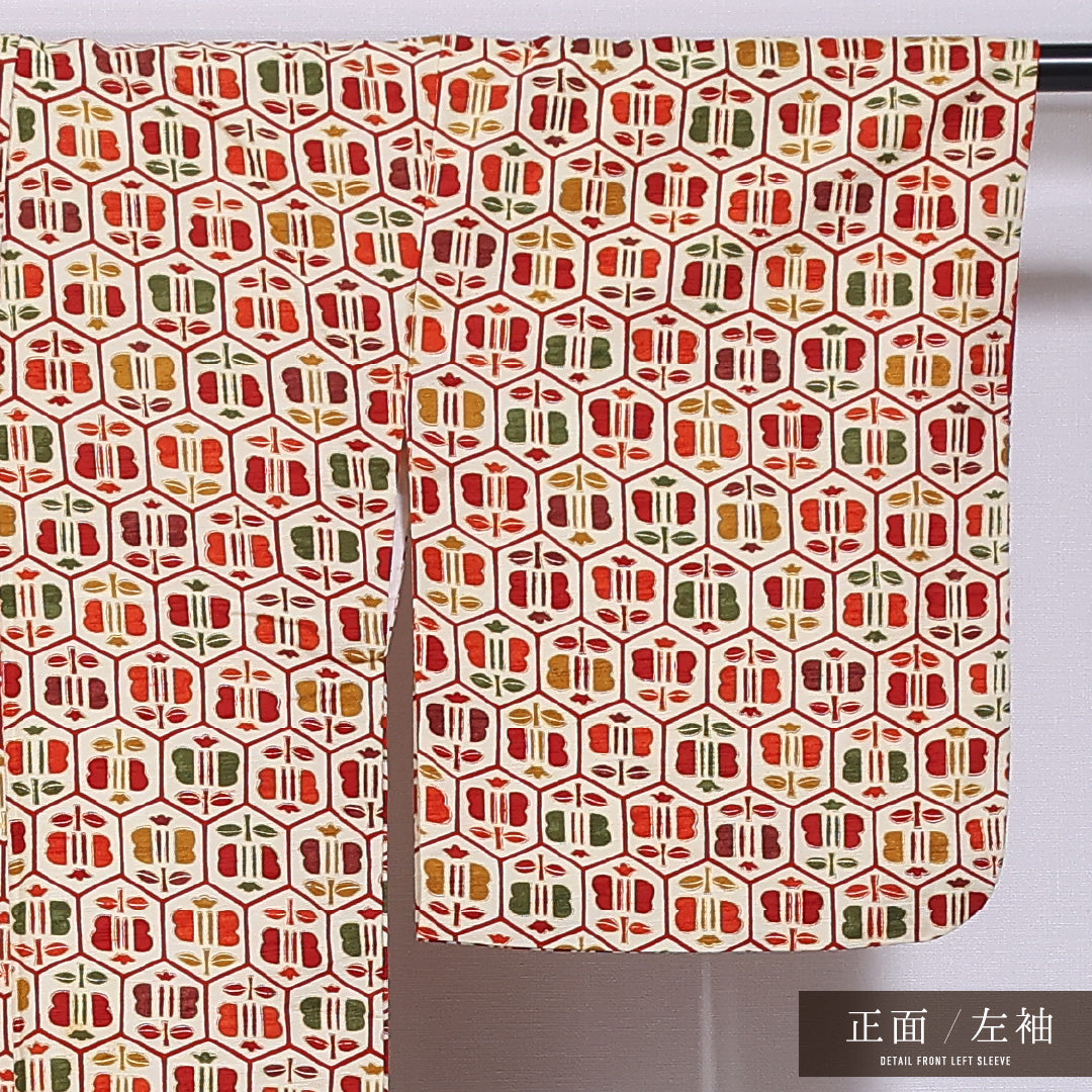 紬 袷 身丈160cm 裄丈63cm 正絹 Aランク カジュアル 広衿 Lサイズ チューリップ クリーム系 HP 1223-11859