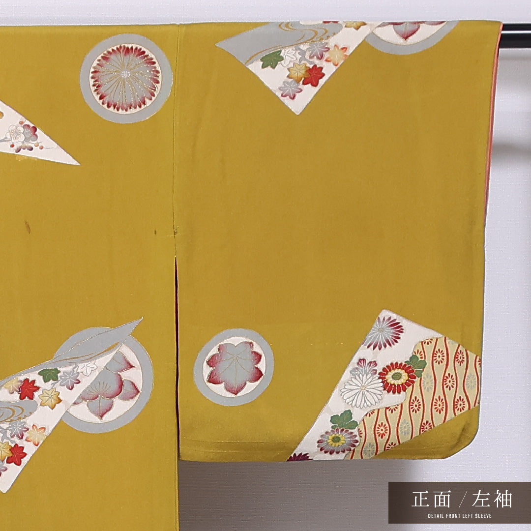 アンティーク 小紋 袷 身丈150cm 裄丈62cm 正絹 Bランク バチ衿 Sサイズ 花柄 紅葉 黄系 M4 1221-11787