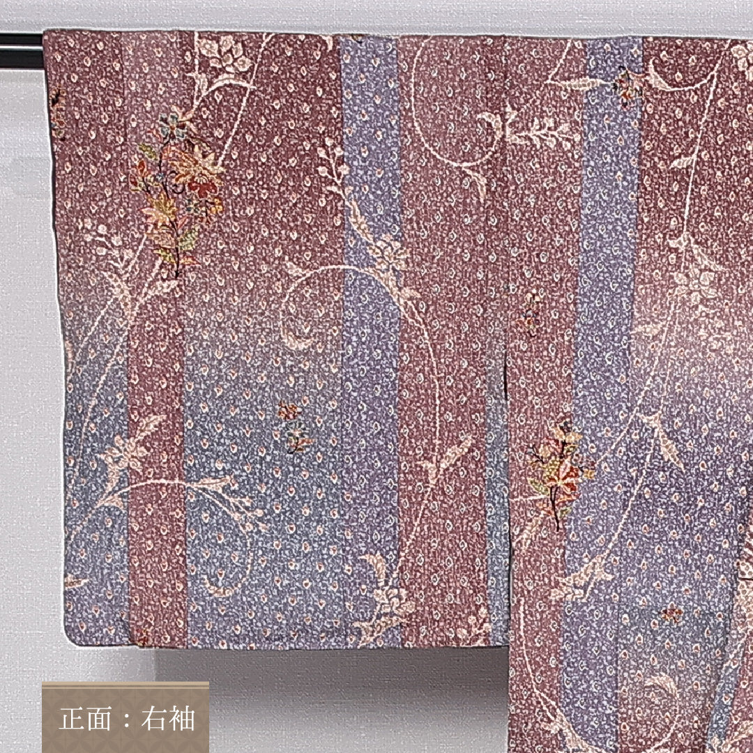 小紋 袷 身丈152cm 裄丈63cm 正絹 Sランク インフォーマル 広衿 Sサイズ たたき染め 唐華 桜 茶系 RP 1221-10981
