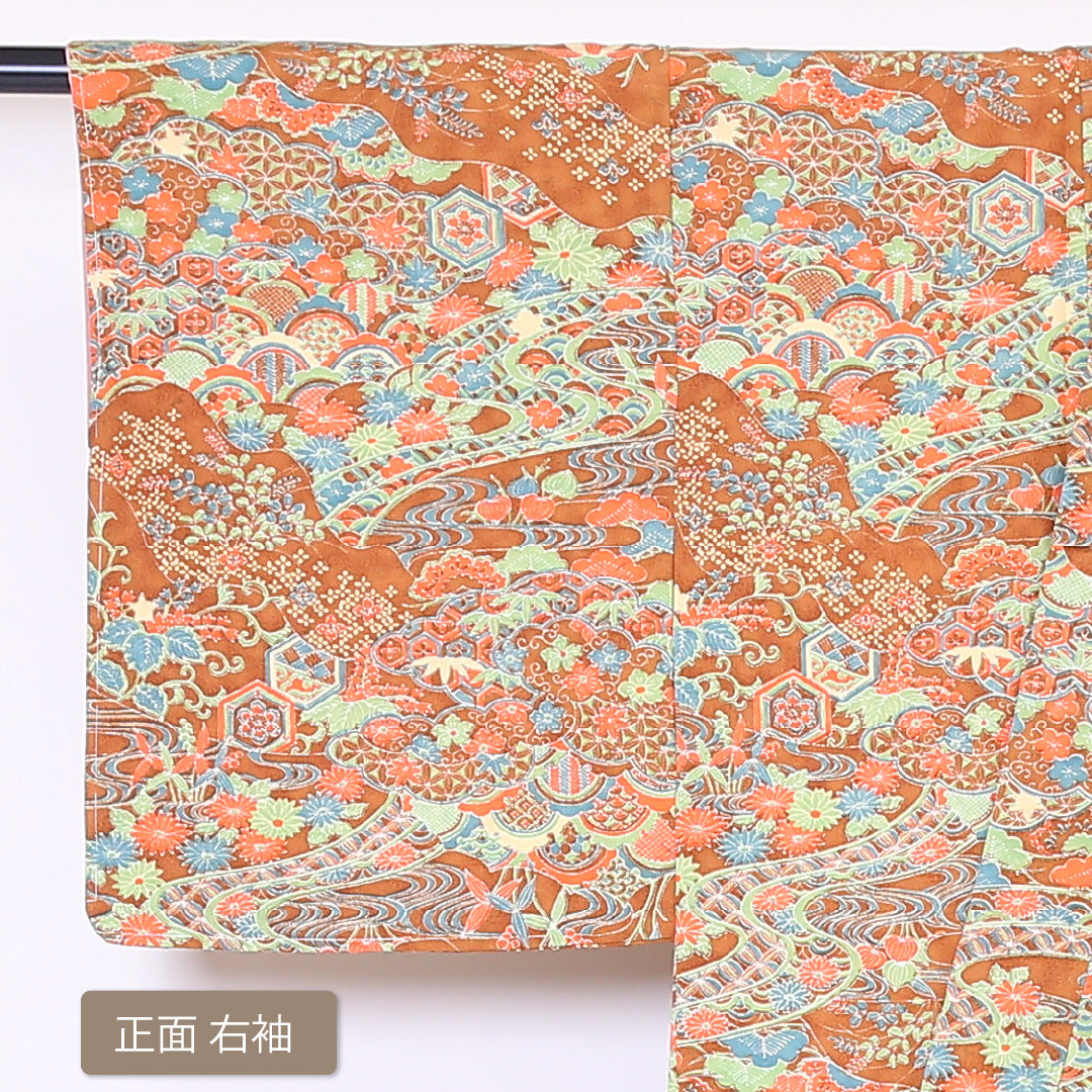 新古品 小紋 袷 身丈153cm 裄丈62cm 正絹 Nランク Sサイズ バチ衿 インフォーマル ちりめん 吉祥文様 桐 しつけ糸 茶系 1215-01890