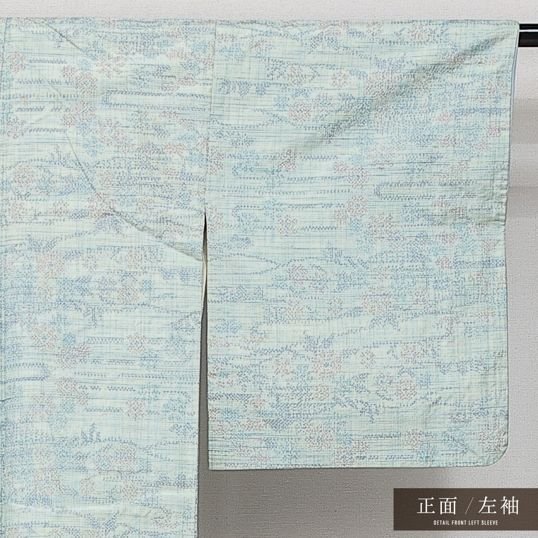 紬 袷 身丈160cm 裄丈64cm 正絹 Cランク カジュアル 広衿 Lサイズ 花柄 水色系 HP 1223-14362