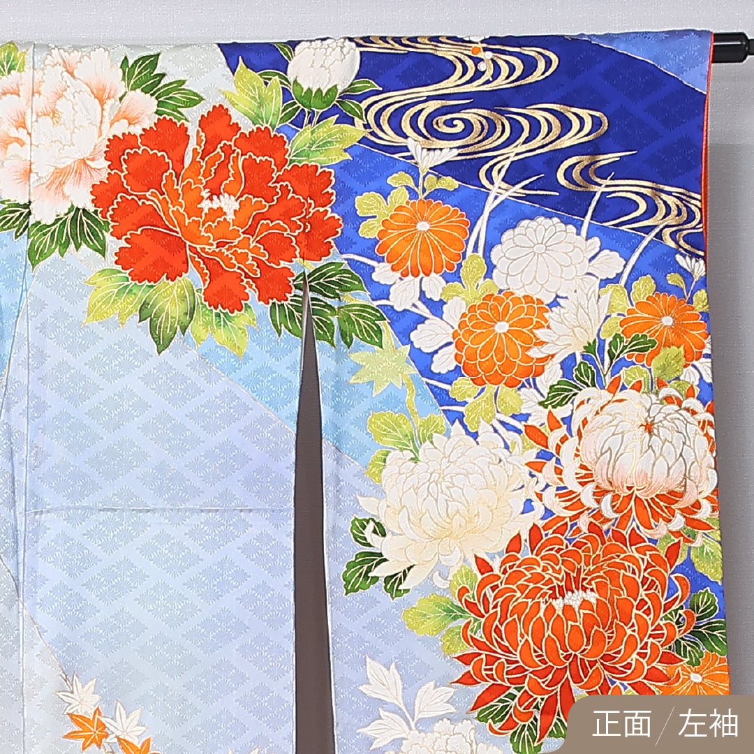 振袖 身丈164cm 裄丈66.5cm Bランク 袷 正絹 M 広衿 観世水 吉祥文様 古典柄 菊 紅葉 楓 牡丹 花柄 青系 1213-F0448