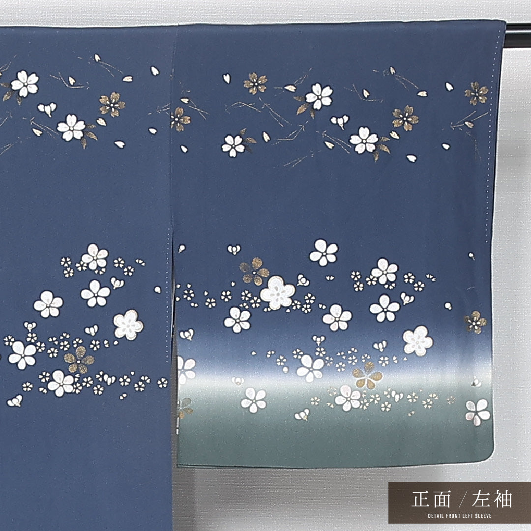 付下げ 身丈156cm 裄丈63cm Bランク M 正絹 袷 広衿 クラシカル 金駒刺繍 ぼかし 菊 桜 梅鉢 インフォーマル 青系 1261-11950