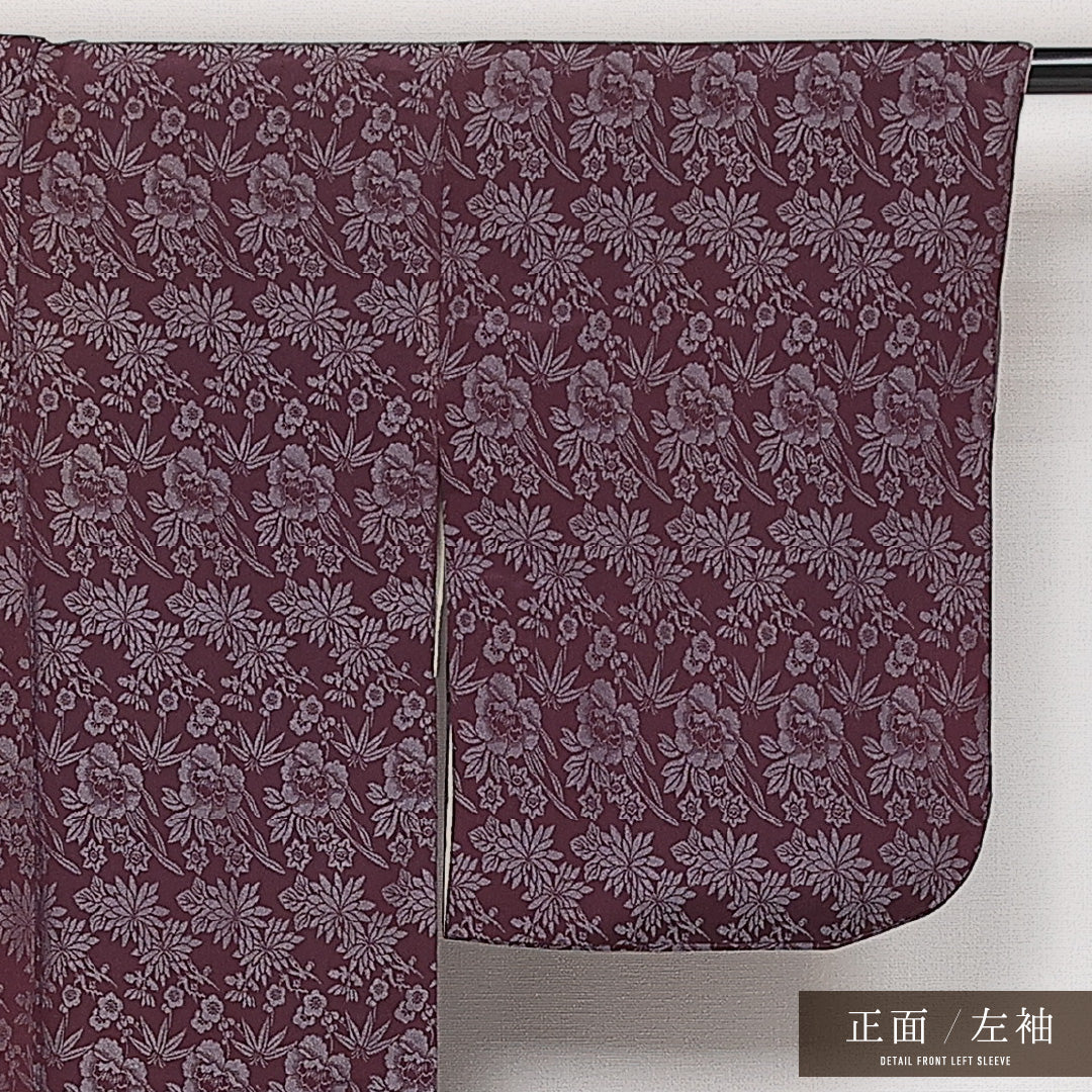 アンティーク お召 袷 身丈152cm 裄丈60cm 正絹 Bランク バチ衿 Sサイズ 菊 笹 牡丹 紫系 HP 1222-13980