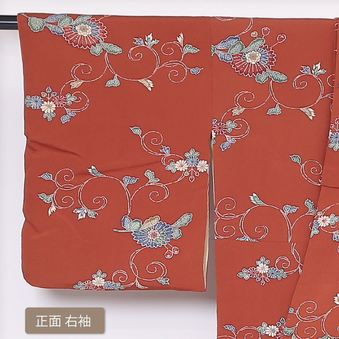 小紋 袷 身丈154cm 裄丈63cm 正絹 Bランク Sサイズ 広衿 インフォーマル ちりめん 唐菊 牡丹 朱系 1215-01894
