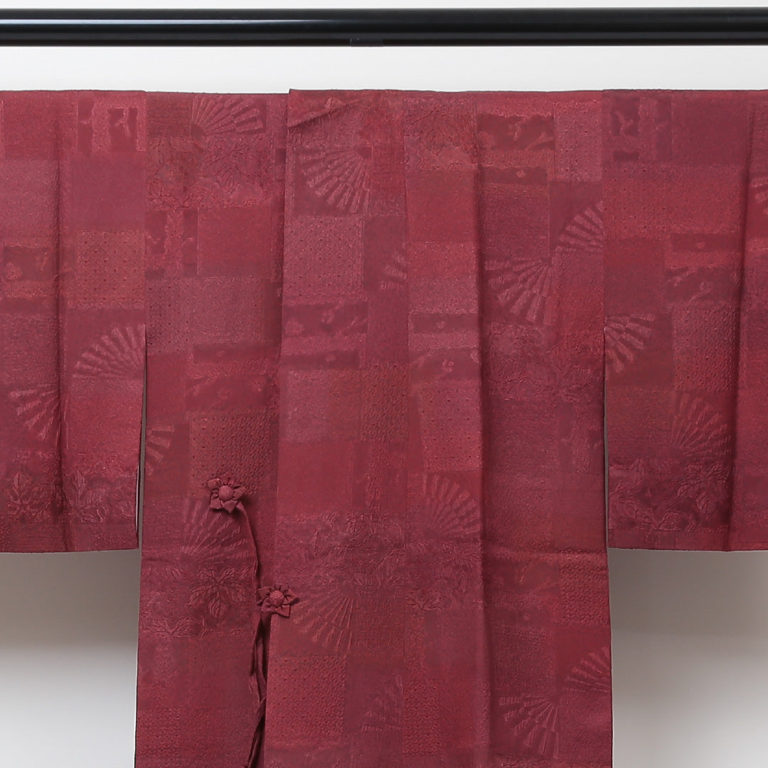 道中着 袷 身丈85cm 裄丈63cm 正絹 Aランク Sサイズ カジュアル ふくれ織 市松 赤系 1264-05748