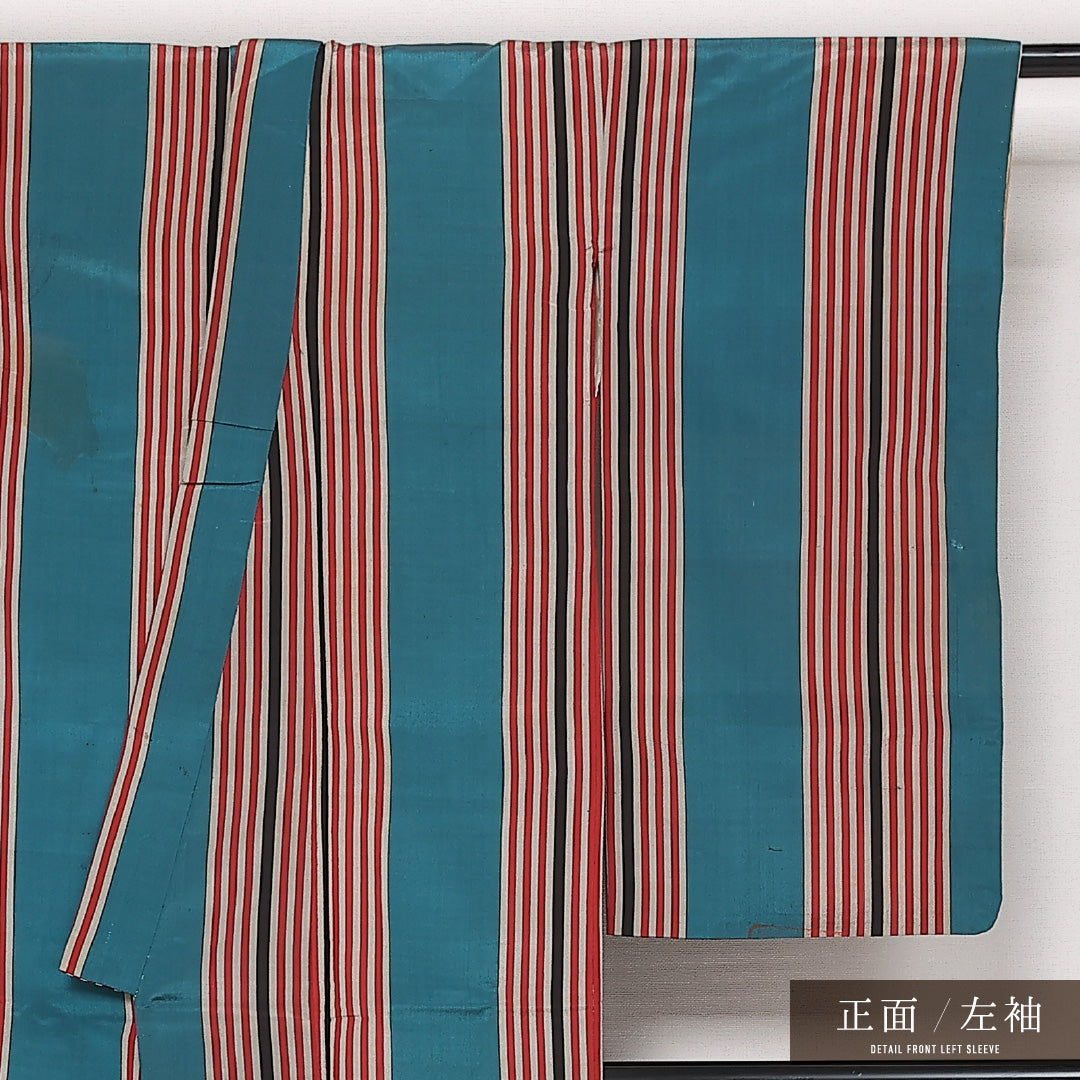 アンティーク お召 袷 身丈138cm 裄丈60cm 正絹 Cランク バチ衿 XSサイズ 縞 緑系 RP 1222-13578