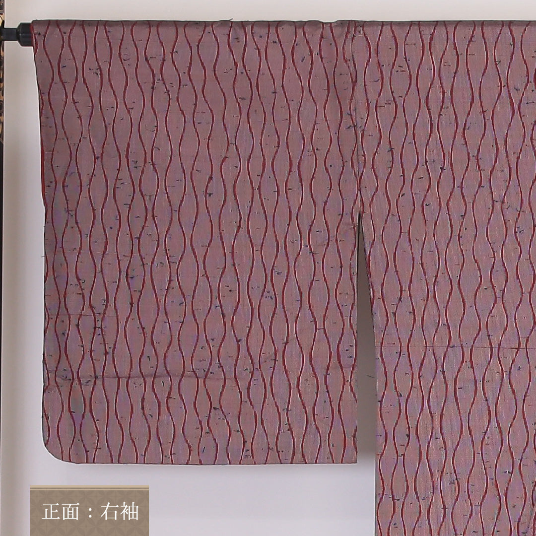 紬 袷 身丈160cm 裄68cm 正絹 よろけ縞 ひげ紬 赤系 Sランク 1216-00931