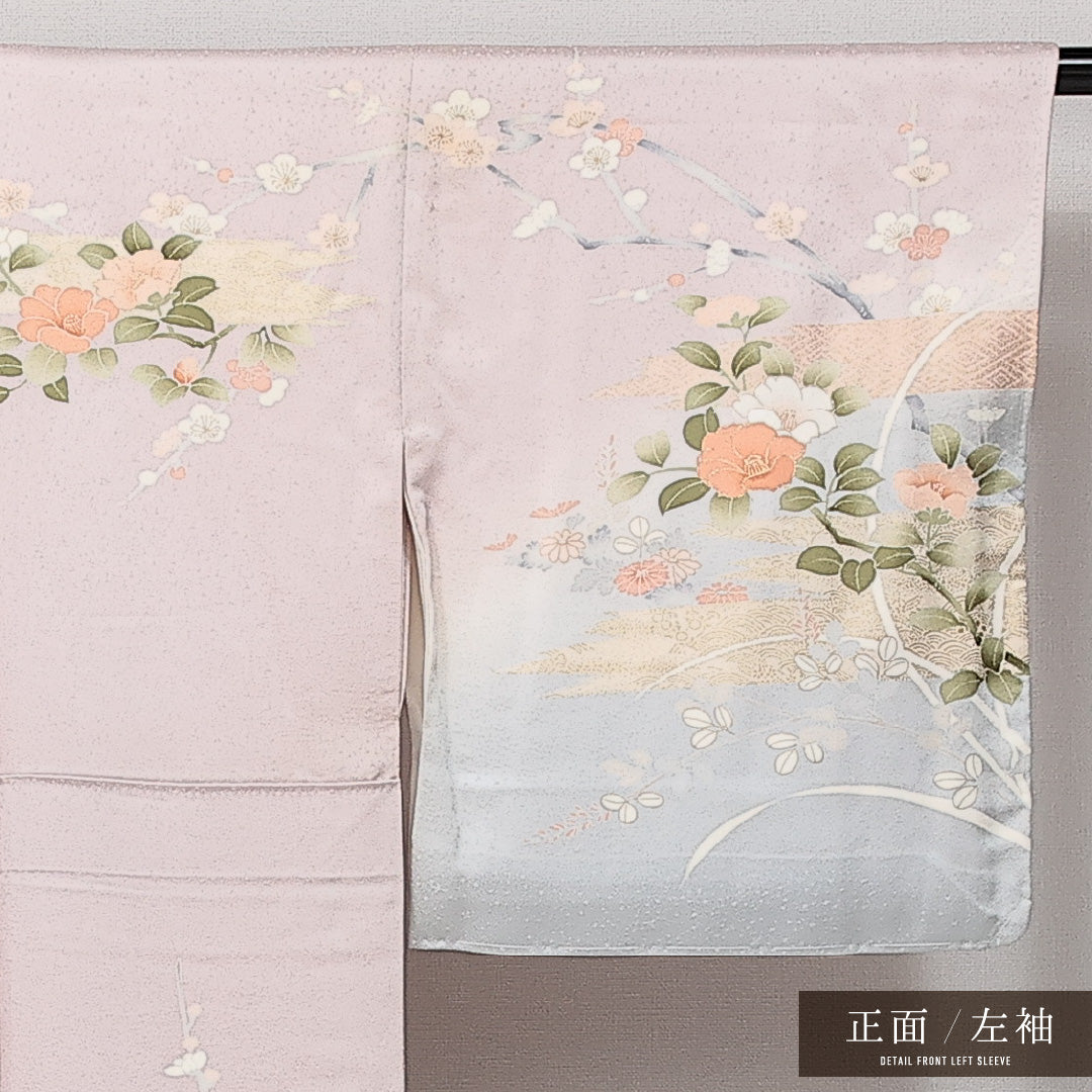 訪問着 袷 身丈160cm 裄丈67cm Sランク 正絹 広衿 Lサイズ 一つ紋(向かい蝶) セミフォーマル 蘇州刺繍 金彩 吉祥文様 上品 華やか ピンク系 紫系 1212-14247