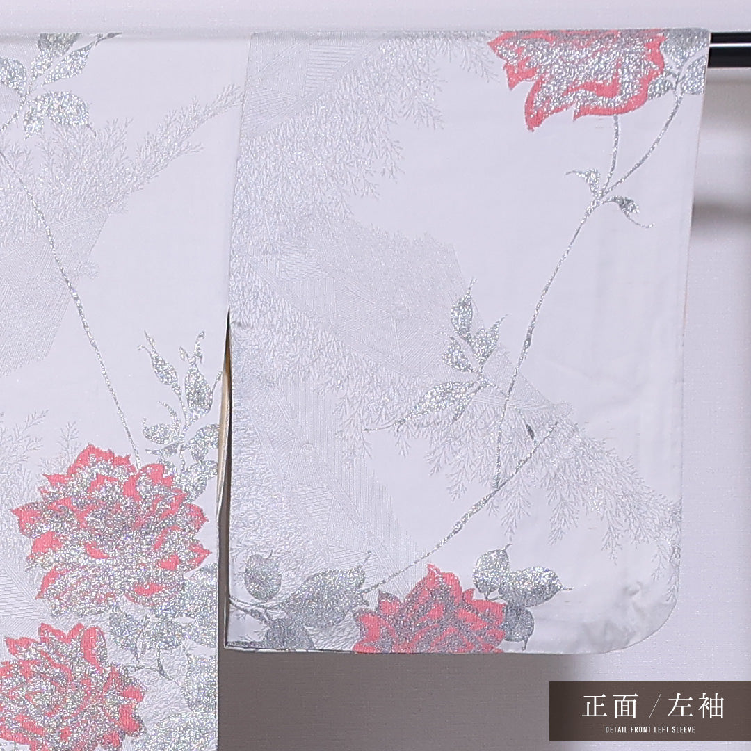 アンティーク 小紋 (お召) 袷 身丈154cm 裄丈64cm 正絹 Cランク バチ衿 Sサイズ 漆糸 薔薇 グレー系 RP 1221-11657