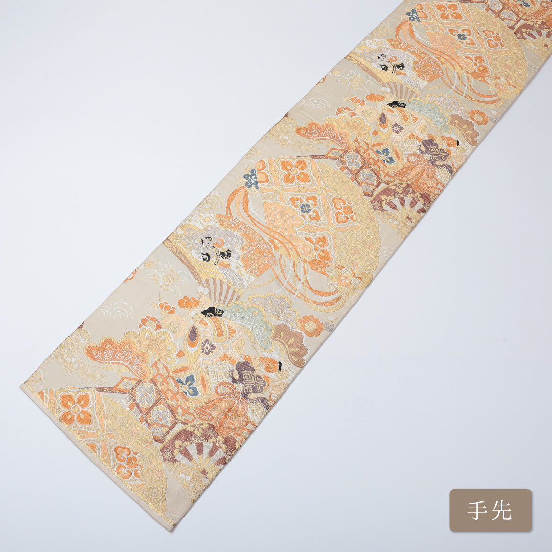 アンティーク 丸帯 帯丈404cm 全通 花車 フォーマル ベージュ系 正絹 Bランク 1223-00588
