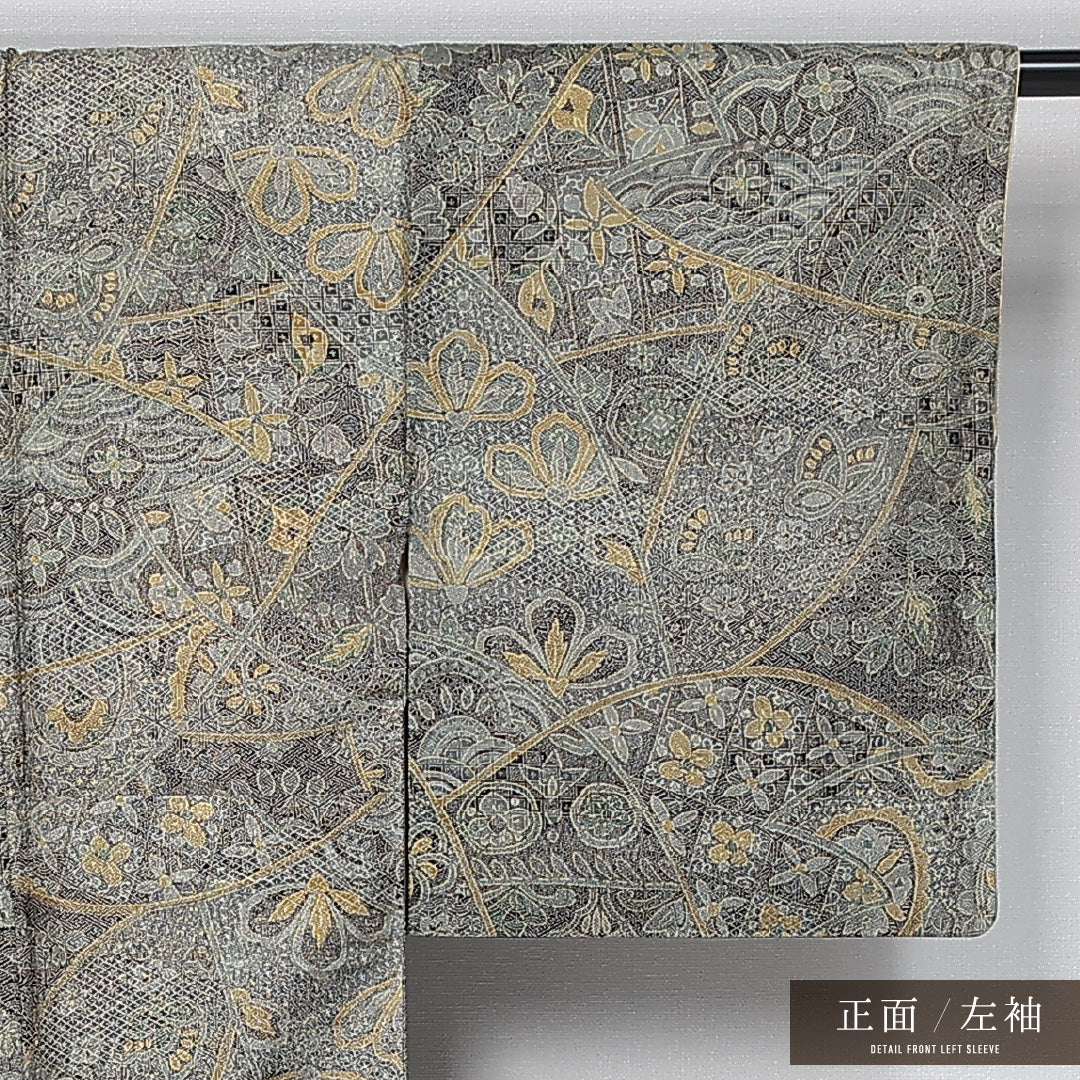 小紋 (お召) 袷 身丈160cm 裄丈64cm 正絹 Aランク インフォーマル 広衿 Lサイズ 花柄 緑系 RP 1221-11926