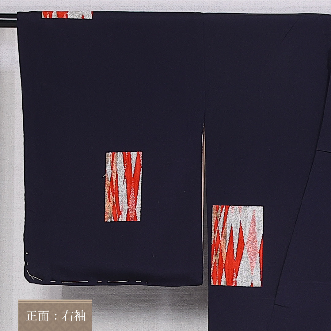 アンティーク お召 袷 身丈156cm 裄丈64cm 正絹 Cランク 広衿 Mサイズ 漆糸 創作柄 紺系 RP 1222-10488
