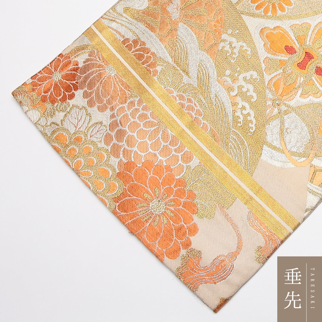 アンティーク 丸帯 帯丈388cm 正絹 全通 花扇 菊 クリーム系 1242-01193