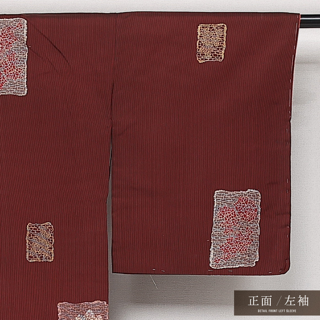 アンティーク お召 袷 身丈151cm 裄丈64cm 正絹 Aランク 広衿 Sサイズ 花絵札 赤系 RP 1222-13652