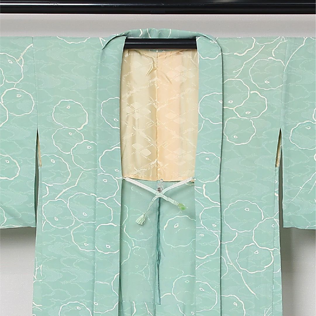 羽織 袷 身丈75cm 裄丈62cm 正絹 Aランク カジュアル Sサイズ 紐あり 菊 緑系 RP 1232-12864