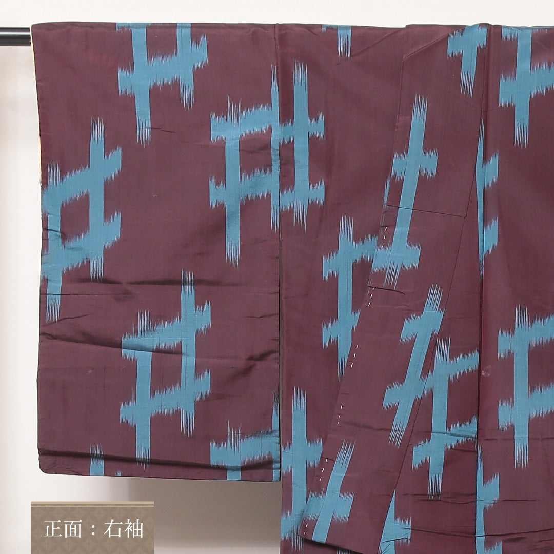 アンティーク 紬(銘仙) 袷 身丈148cm 裄丈61cm 正絹 Cランク XSサイズ 広衿 井絣 紫系 1216-03512