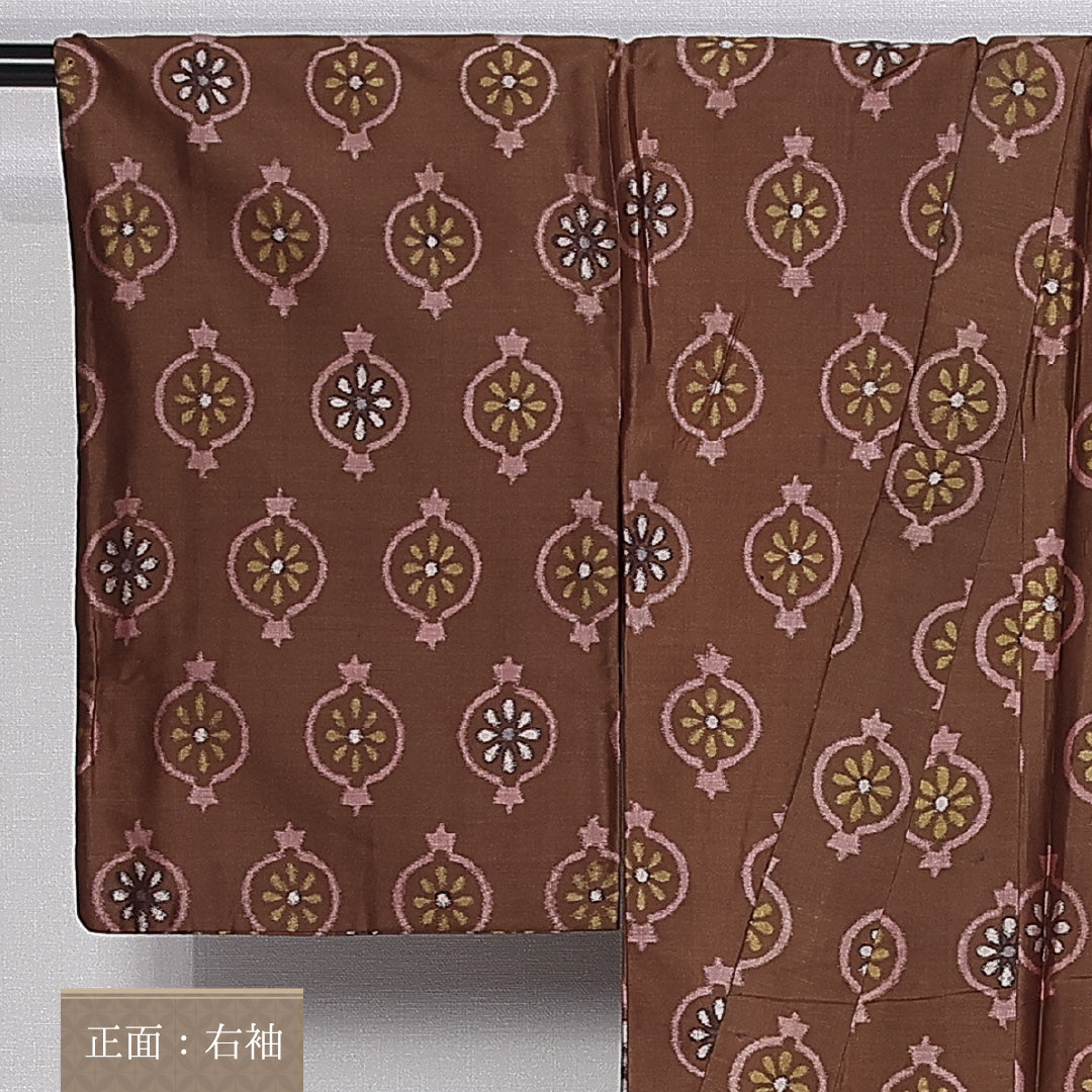 アンティーク 銘仙の着物 袷 身丈149cm 裄丈63cm 正絹 Bランク バチ衿 XSサイズ 花柄 茶系 RP 1223-10543