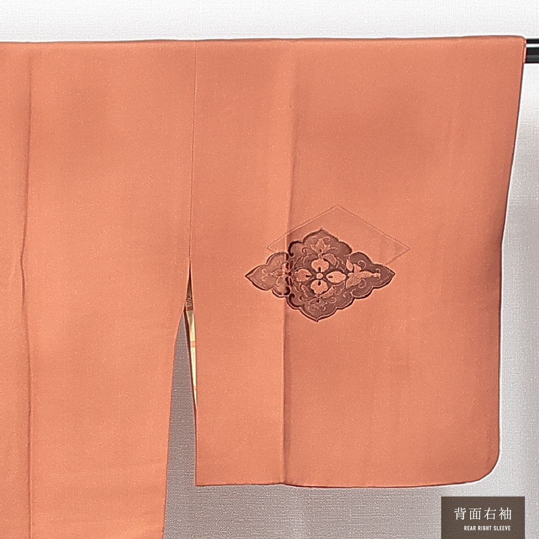 道行コート 袷 身丈78cm 裄丈63cm 正絹 Aランク セミフォーマル Sサイズ ポケットあり 花菱 古典的 しとやか 茶系 HP 1237-14809