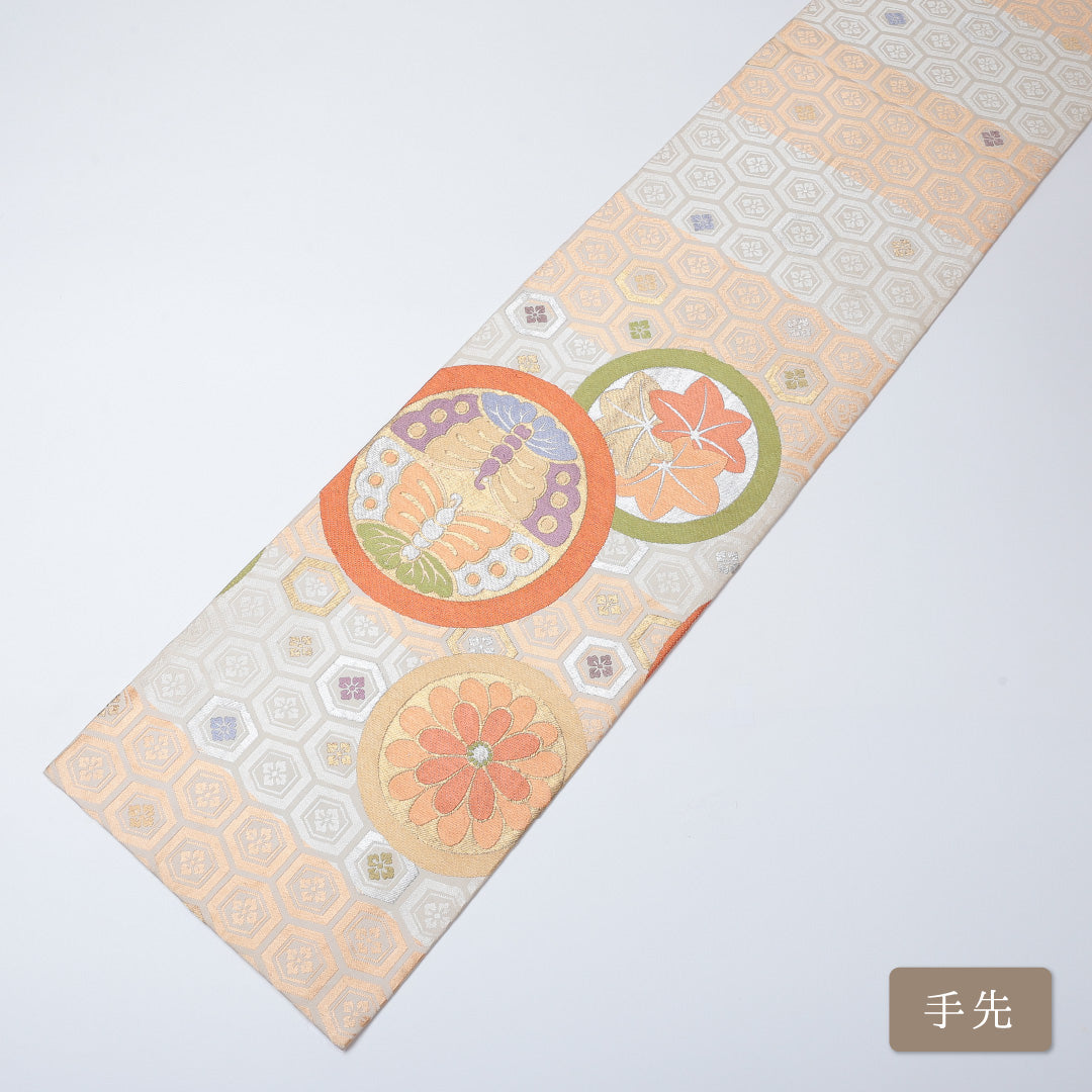 丸帯 帯丈404cm 六通 唐織 有職文様 蝶 フォーマル クリーム系 正絹 Bランク 1223-00584