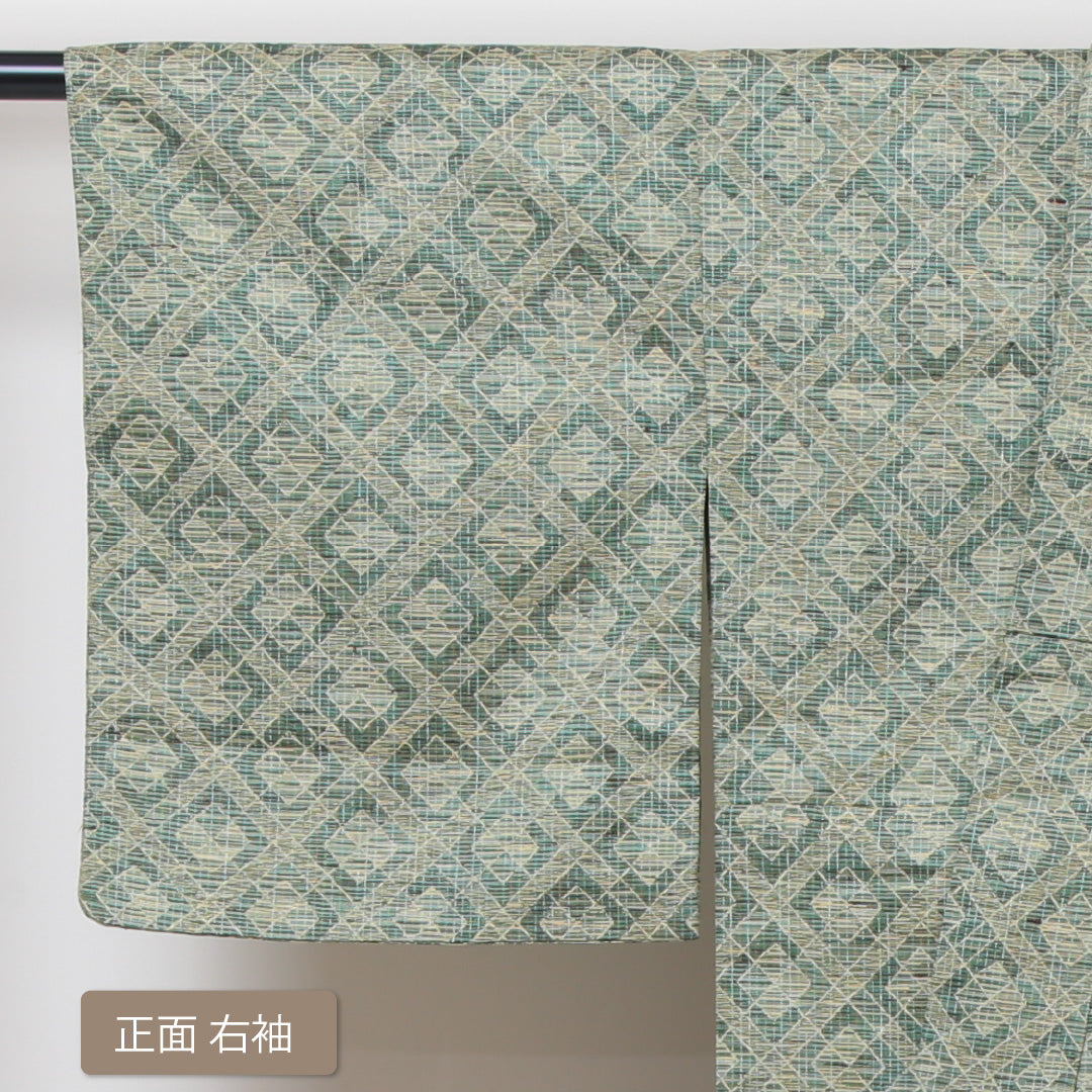 紬 単衣 身丈159cm 裄62.5cm 洗える着物 緑系 Sランク 1216003982319